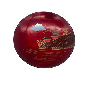 Vintage Japanese Lacquerware Bowl Mt Fuji Pagoda Scene Red Black 7.5 Inch Decor